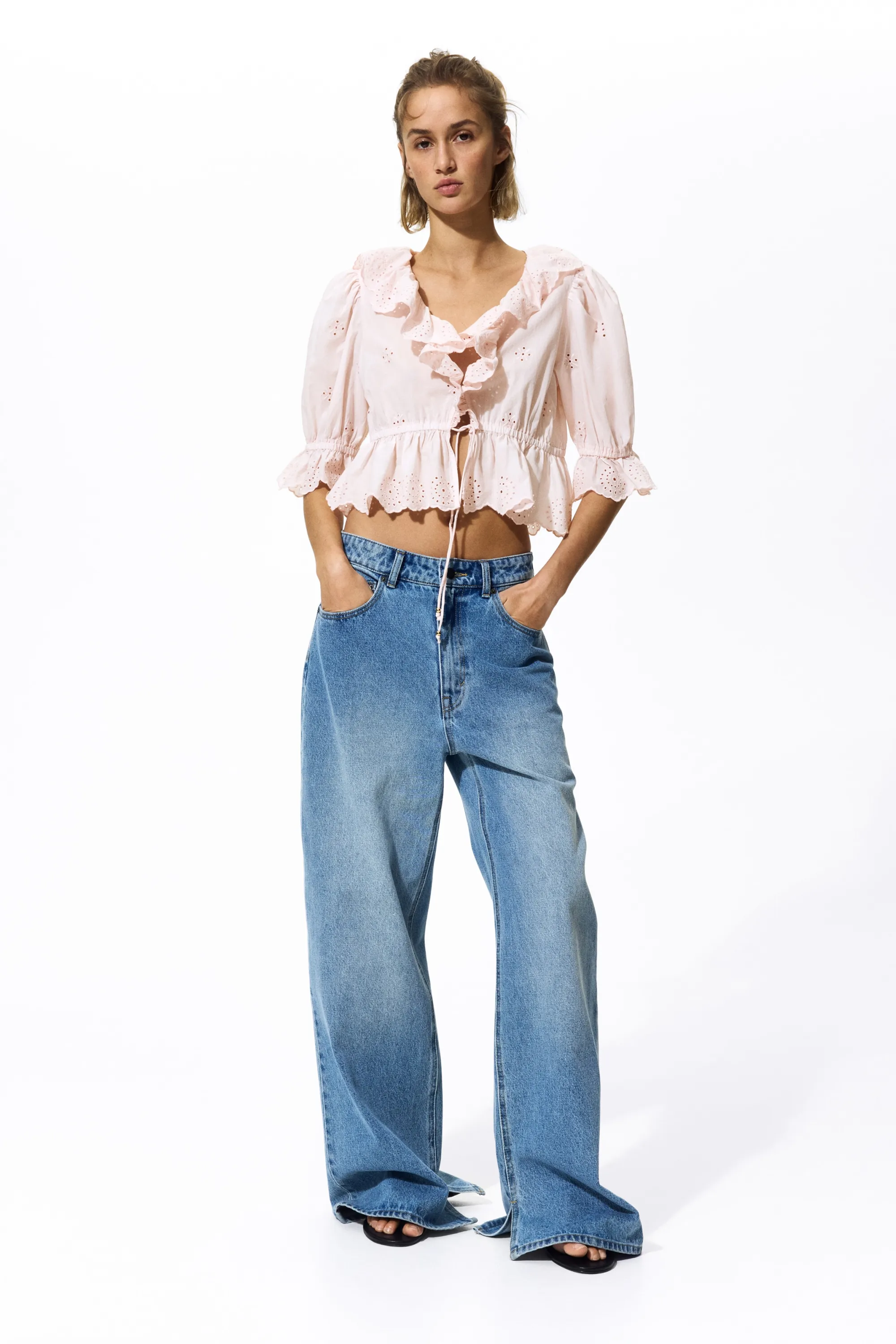 Blouse en coton avec broderie anglaise - Rose poudré