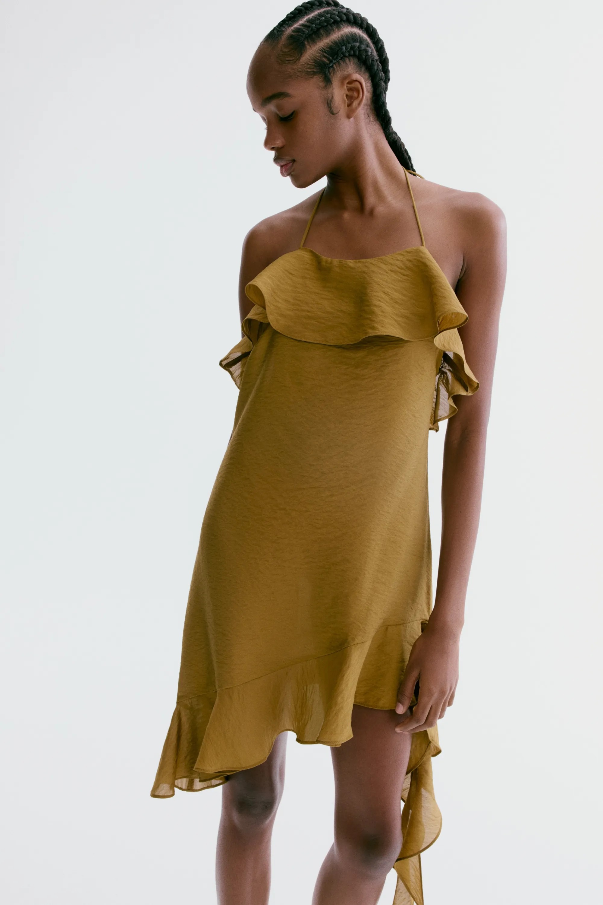 Robe dos nu volantée - Vert kaki foncé