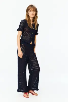Pantalon en maille ajourée avec détails corde - Bleu marine — photo 1