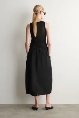 JUPE MIDI BALLON EN COTON ET LIN - NOIR — photo 3