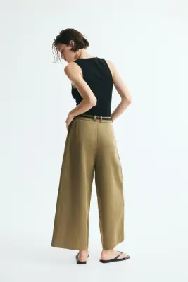 Pantalon en lin mélangé avec ceinture à nouer - Vert kaki — photo 2