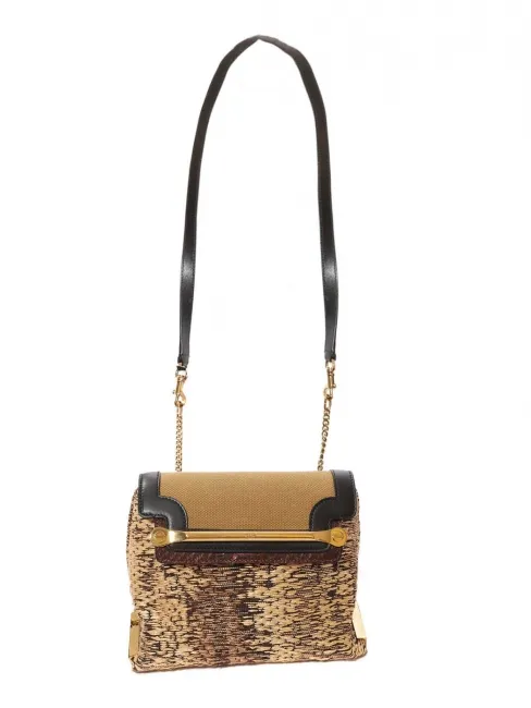 Sac CLARE en cuir noir, tissu marron et raffia beige chaîne bandoulière dorée Prix boutique 2250€