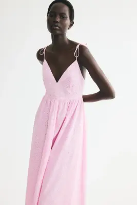 Robe en broderie anglaise avec bretelles à nouer - Rose clair — photo 2