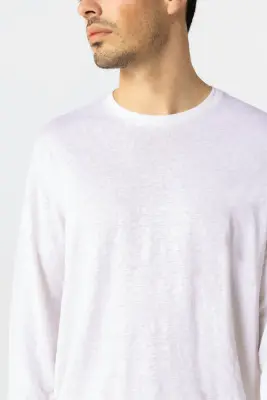 T-shirt Blanc Col Rond Manches Longues en Lin / Elasthanne — photo 4