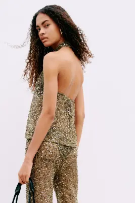 Top filet à sequins avec dos nu - Vert kaki foncé — photo 3