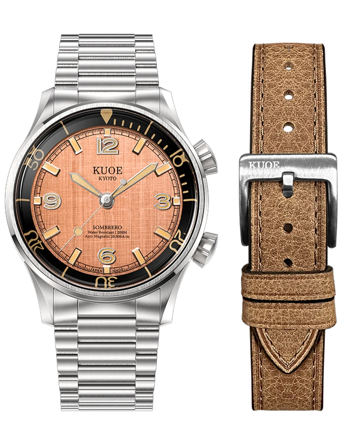 KUOE SOMBRERO 90-011 SALMON PINK LINEN TEXTURED DIAL BRACELET FLAT LINK