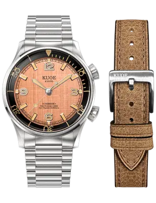 KUOE SOMBRERO 90-011 SALMON PINK LINEN TEXTURED DIAL BRACELET FLAT LINK — photo 1