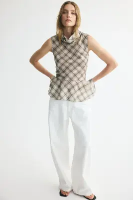 Top péplum avec col roulé - Beige clair/carreaux — photo 2