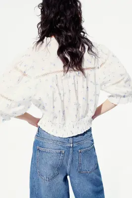 Blouse en coton avec plis nervure - Blanc/fleuri — photo 3