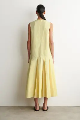 ROBE LONGUE À PLIS EN COTON ET LIN - JAUNE — photo 3