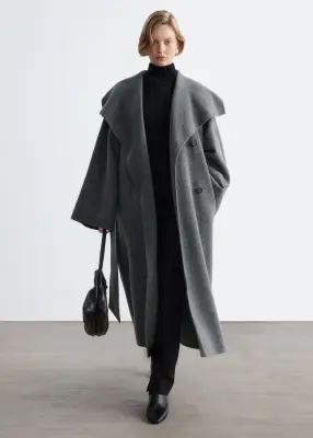 Manteau long en laine à col châle - Gris foncé — photo 3