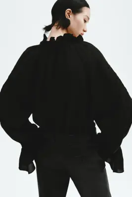 Blouse brodée en lin mélangé - Noir — photo 3