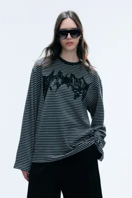 T-shirt oversize graphique manches longues - Gris foncé — photo 2
