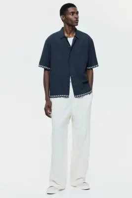 Chemise Relaxed Fit en coton avec col cubain - Noir/vagues — photo 3