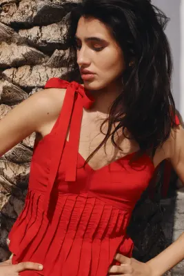 Top en lin mélangé avec bretelles à nouer - Rouge vif — photo 2