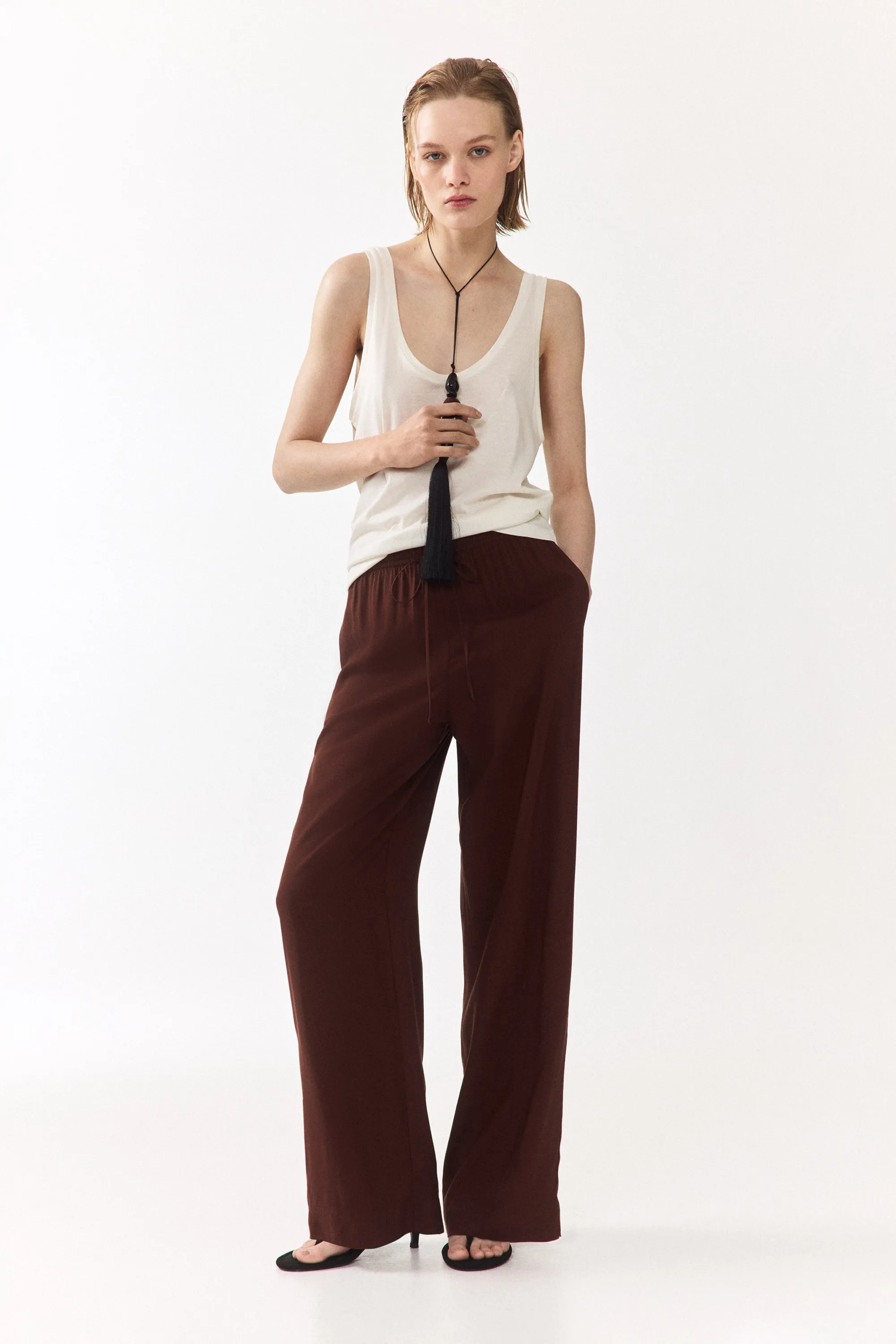 Pantalon large avec taille élastique - Marron