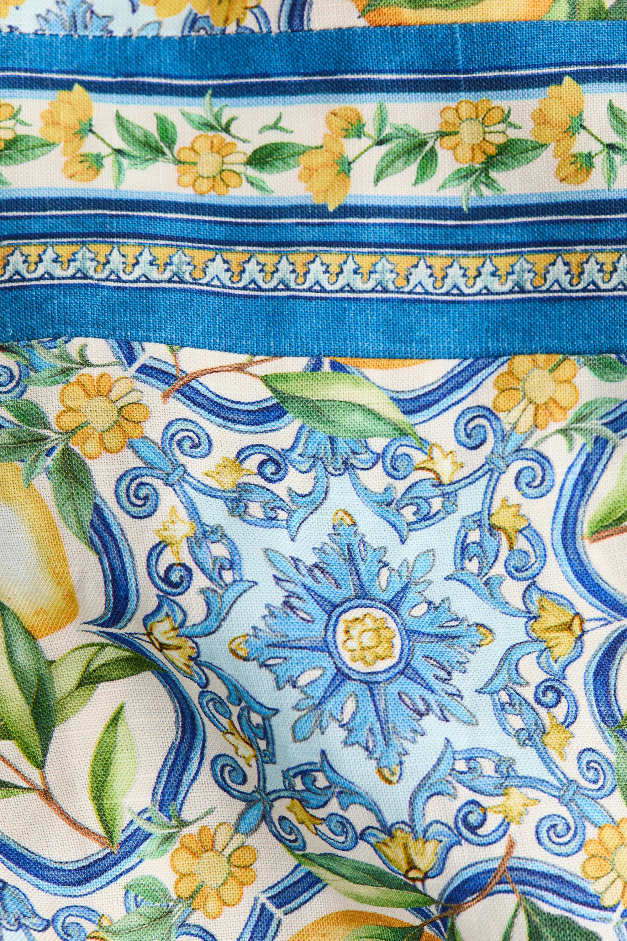 Robe en lin mélangé avec fétail à nouer - Bleu/citrons
