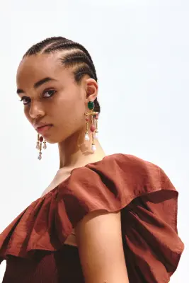 Robe épaules nues volantée - Brun rouille — photo 3