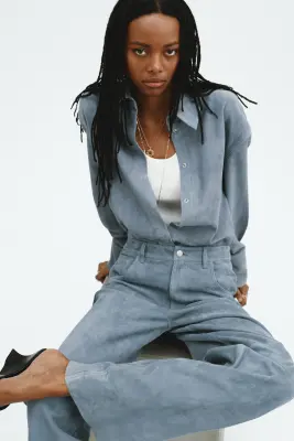 Pantalon en cuir velours - Bleu ancien — photo 3