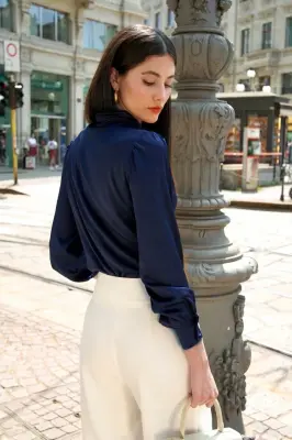 Lena Silk Bow Blouse - Dark blue — photo 2