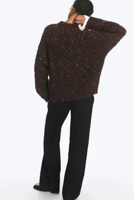 Pull texturé en maille torsadée longue - Violet foncé - Rose néps — photo 2