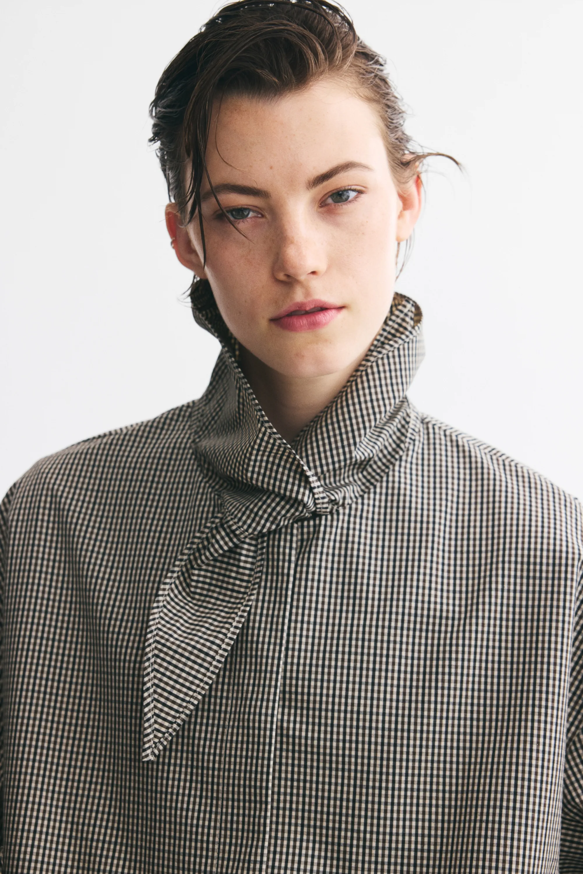 Veste à col foulard avec base à effet boule - Taupe/carreaux