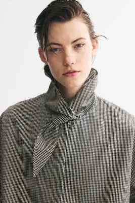 Veste à col foulard avec base à effet boule - Taupe/carreaux — photo 1