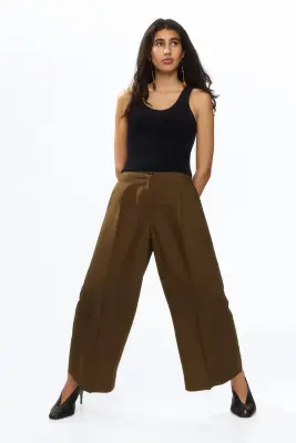 Pantalon 7/8 en lin mélangé - Marron — photo 1