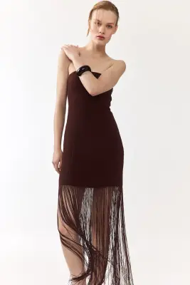 Robe bandeau à franges - Marron foncé — photo 3