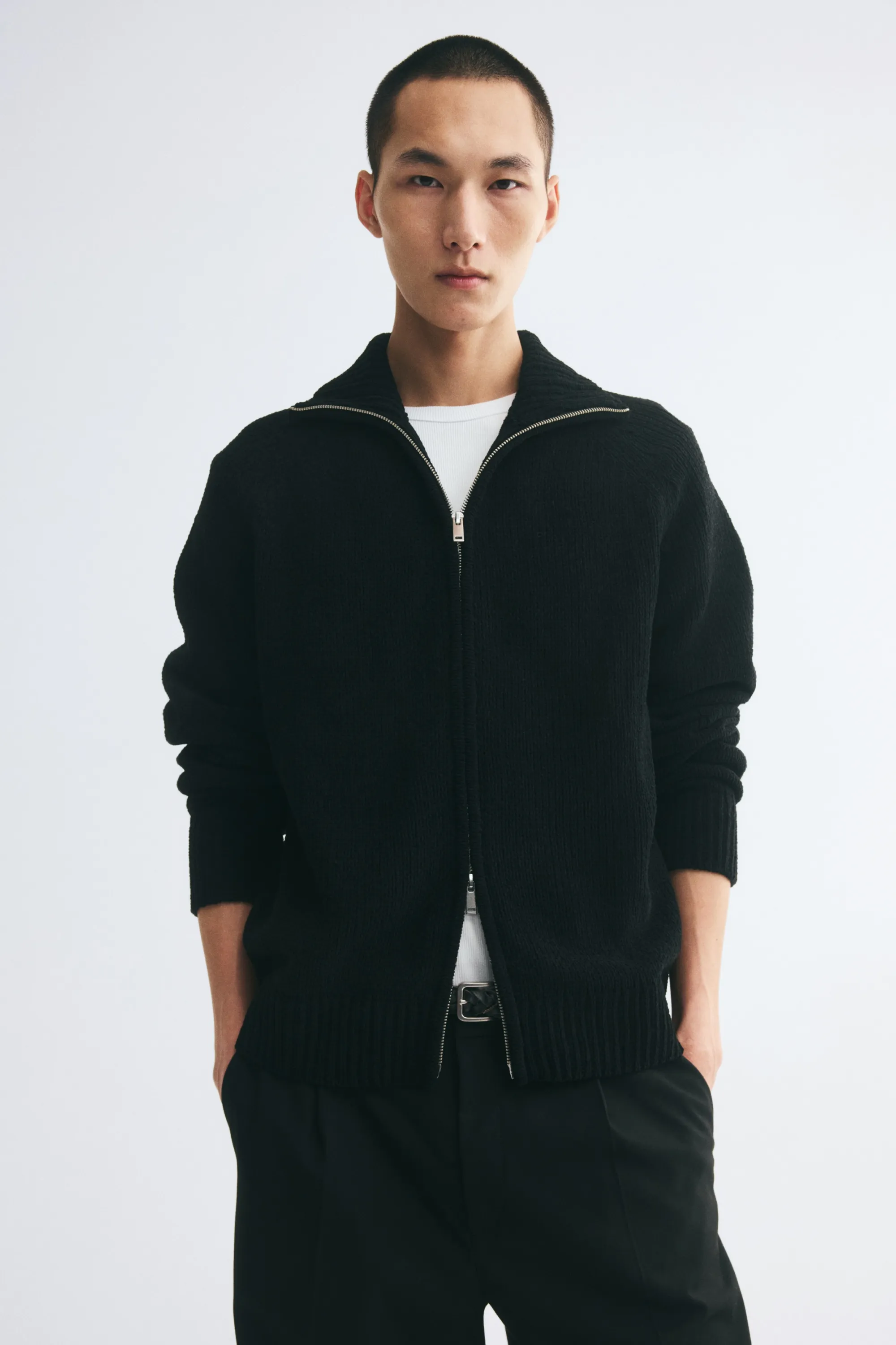 Gilet zippé Relaxed Fit en fil chenille - Noir