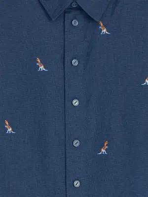 Chemise brodée en lin mélangé - Bleu foncé/Dinosaures — photo 2
