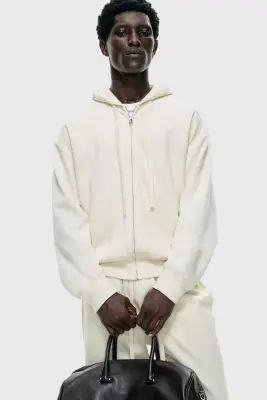 Veste à capuche zippée Loose Fit en jersey - Crème — photo 1
