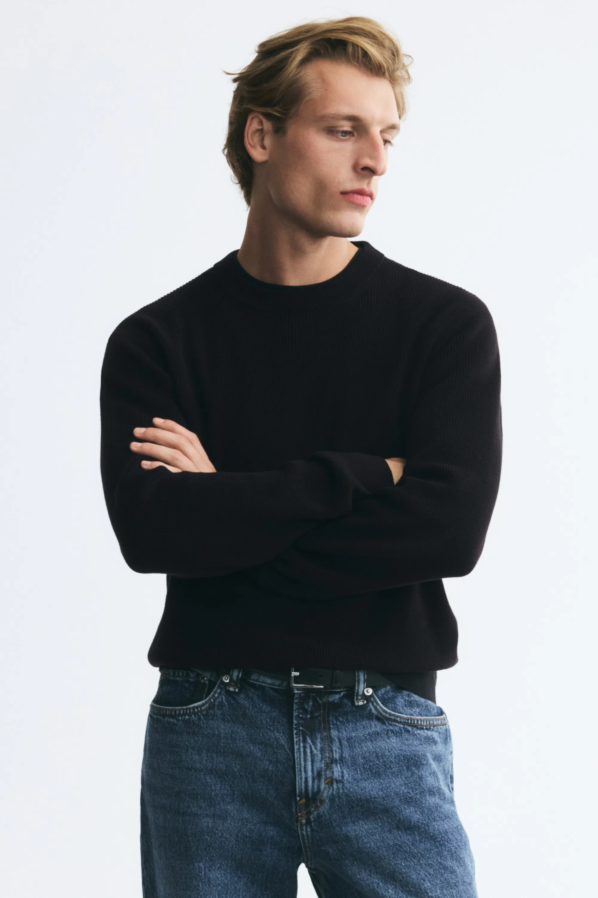 Pull Regular Fit en maille de coton côtelée - Noir
