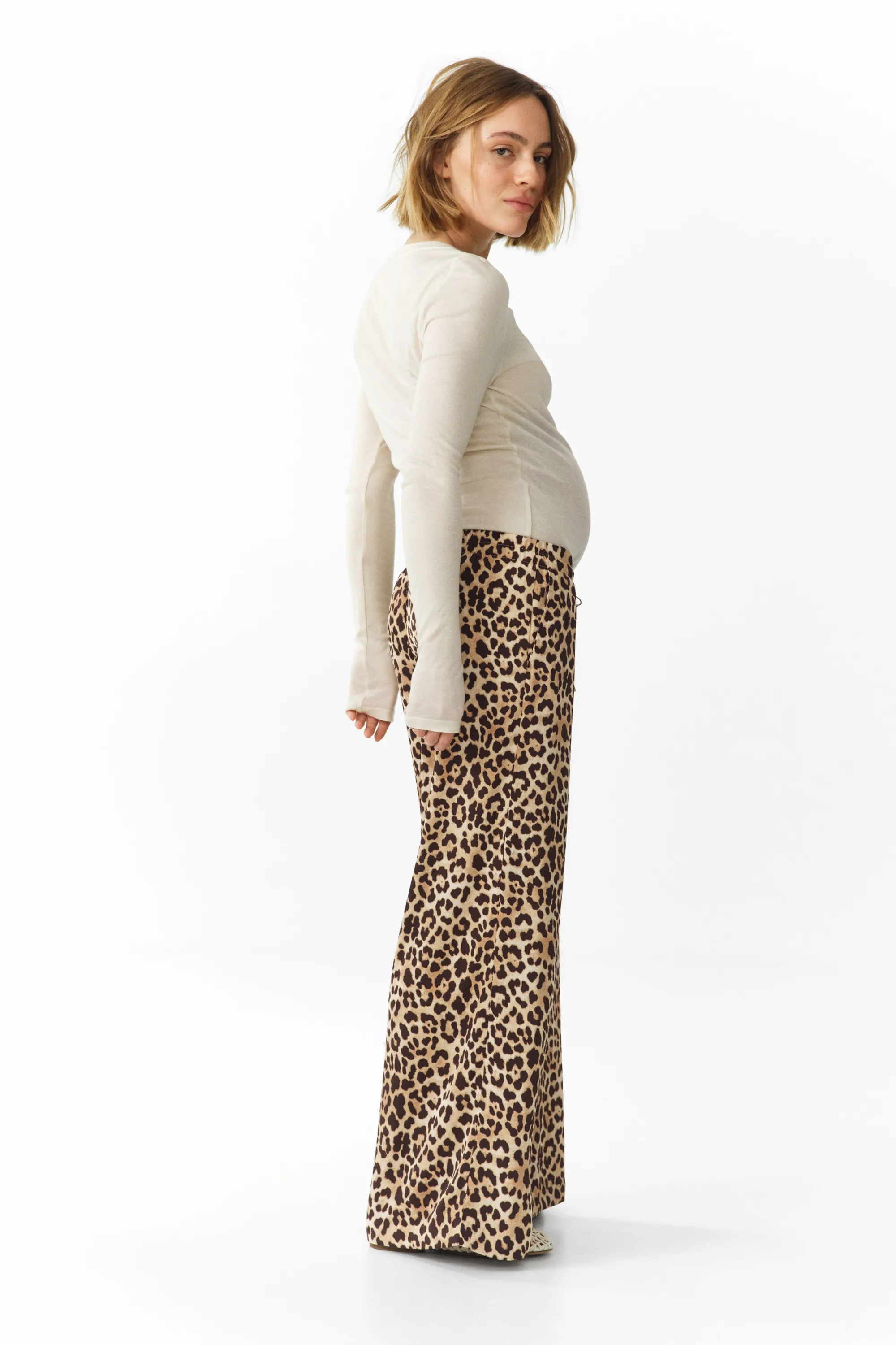MAMA Pantalon à cordon en denim avec jambes larges - Beige/imprimé léopard