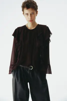 Blouse vaporeuse volantée - Marron foncé — photo 2