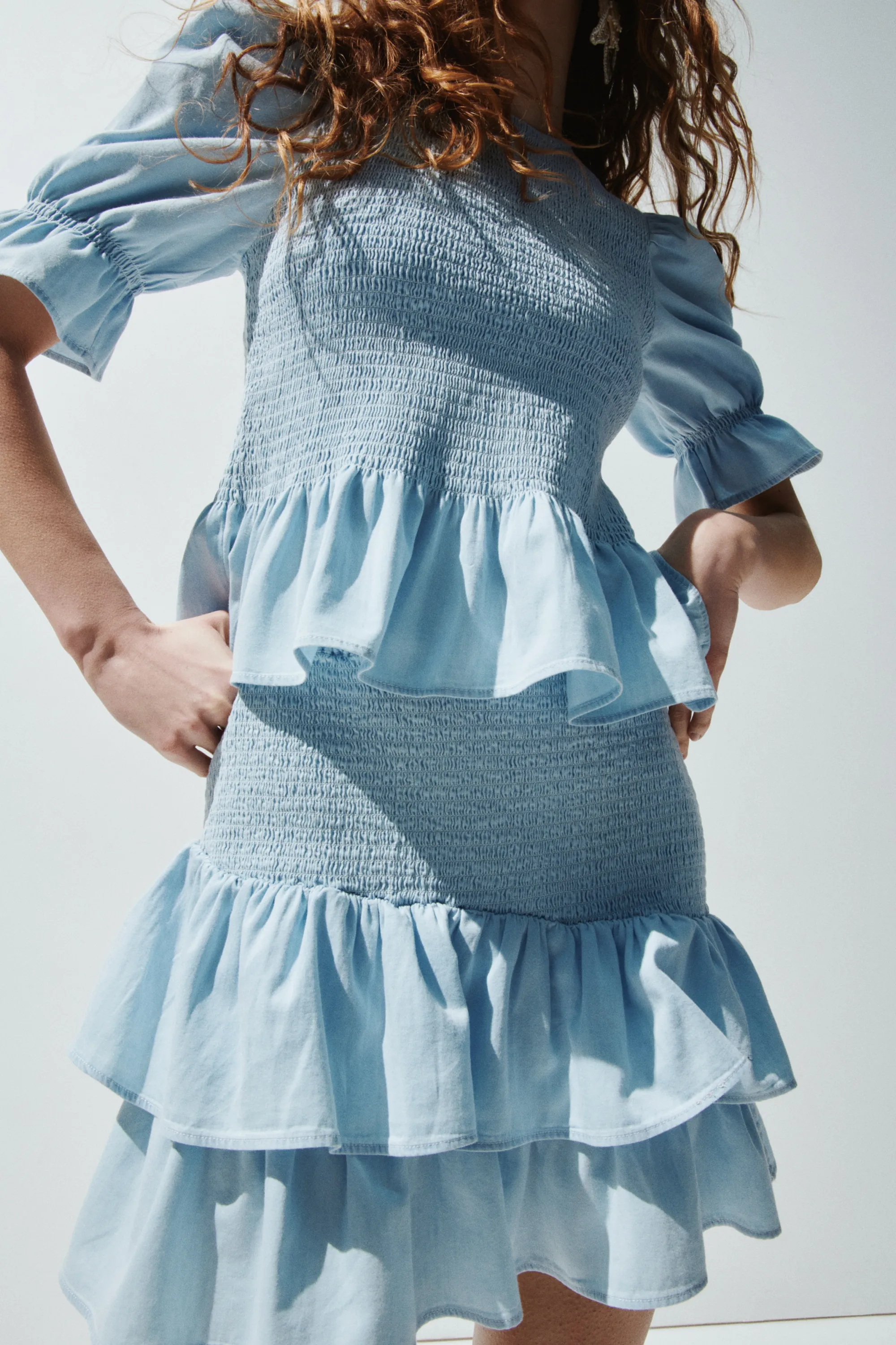 Blouse smockée en denim - Bleu clair