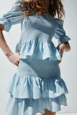 Blouse smockée en denim - Bleu clair — photo 1