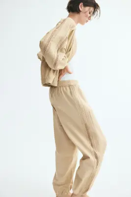 Pantalon en lin mélangé avec dentelle - Beige clair — photo 2