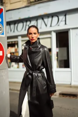 Nadine Faux Leather Trench Coat - Black — photo 5