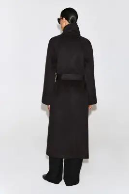 MANTEAU LONG EN LAINE DOUBLE FACE À COL CHÂLE - BRUN FONCÉ — photo 3