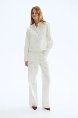 Veste en twill avec broderie anglaise - Blanc — photo 2