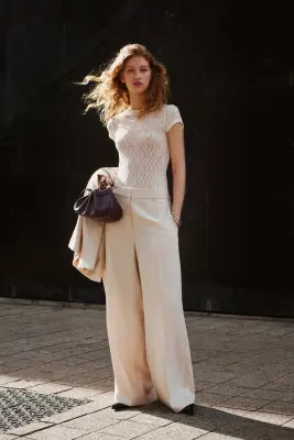 Pantalon large en lin mélangé - Beige clair — photo 2
