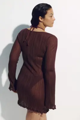 Robe de plage en maille côtelée - Marron foncé — photo 3