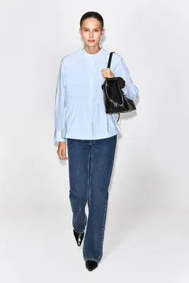 RUCHED COTTON BLOUSE - BLEU — photo 2
