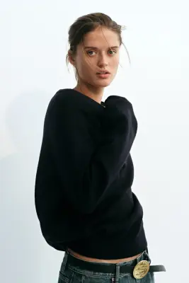 Pull oversize à encolure en V - Bleu marine — photo 2