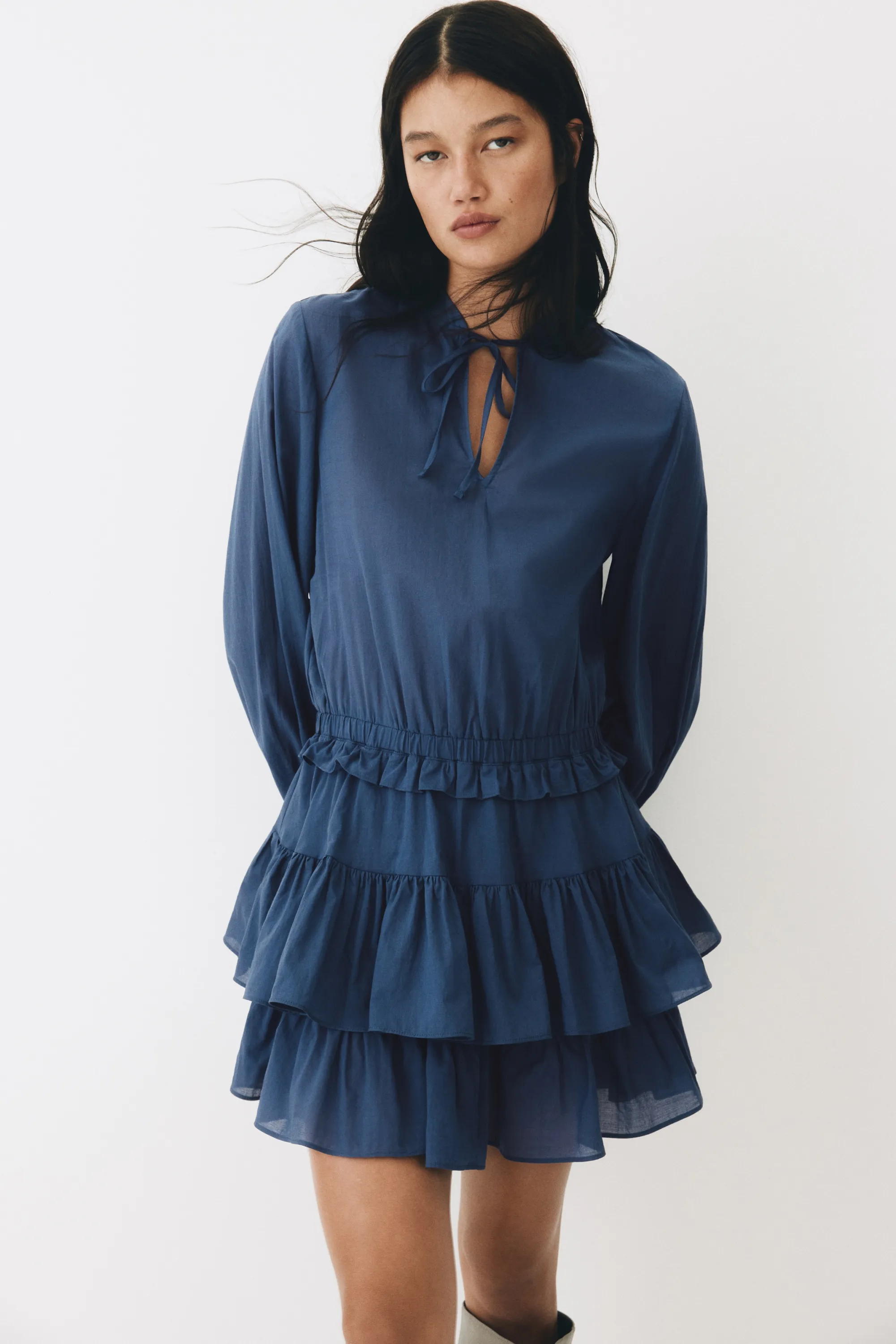 Robe volantée en coton - Bleu foncé