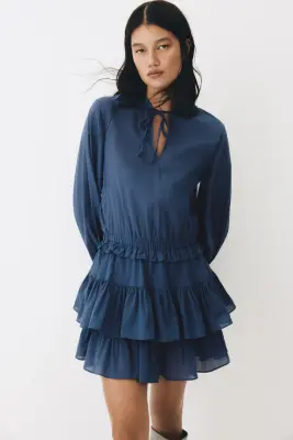 Robe volantée en coton - Bleu foncé — photo 1