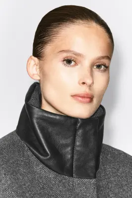 VESTE OVERSIZE EN LAINE À CHEVRONS ET COL EN CUIR - NOIR / CHEVRONS — photo 3