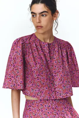Blouse courte en coton - Rose foncé/fleuri — photo 3