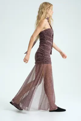Robe en mesh à effet drapé - Marron foncé/pois — photo 2